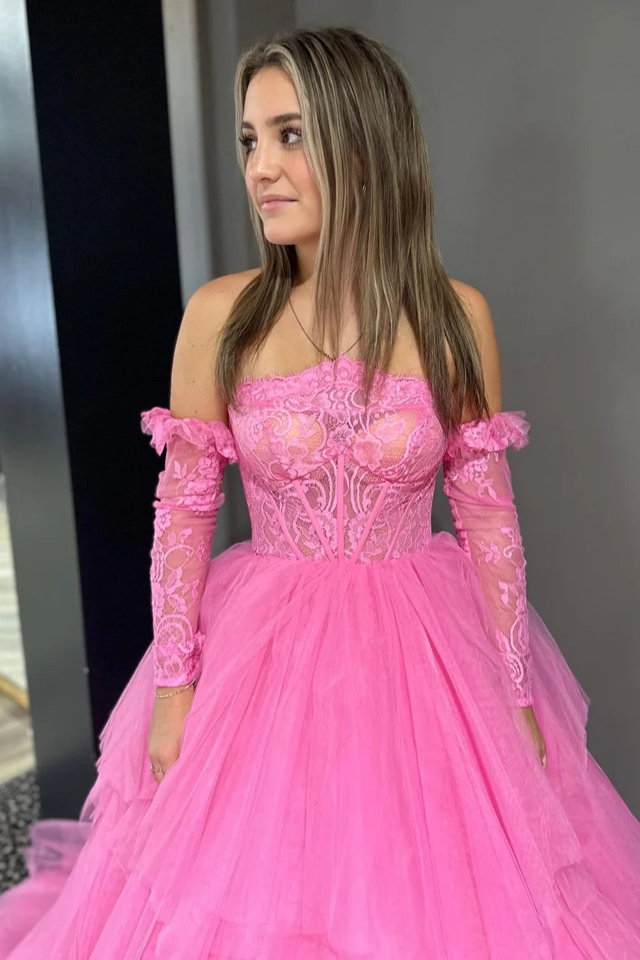 Lace Strapless Multi-Tiered Long Prom Dress