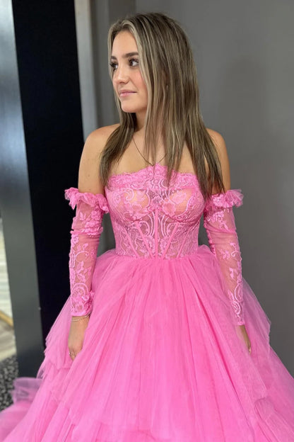 Lace Strapless Multi-Tiered Long Prom Dress