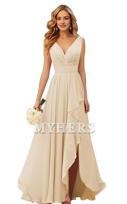 Elegant V Neck Chiffon Ruched Side Fork Long Bridesmaid Dresses Wedding Guests Dresses