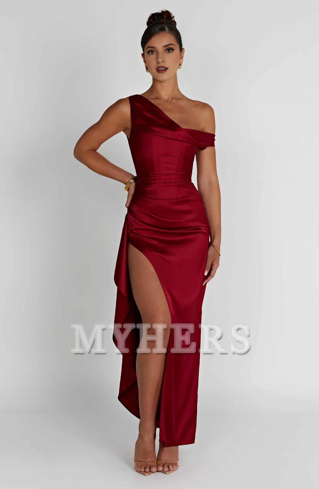 Asymmetric straps Ruched Thigh High Slit Charming Dresses Bridesmaid Dresses Wedding Guests Dresses