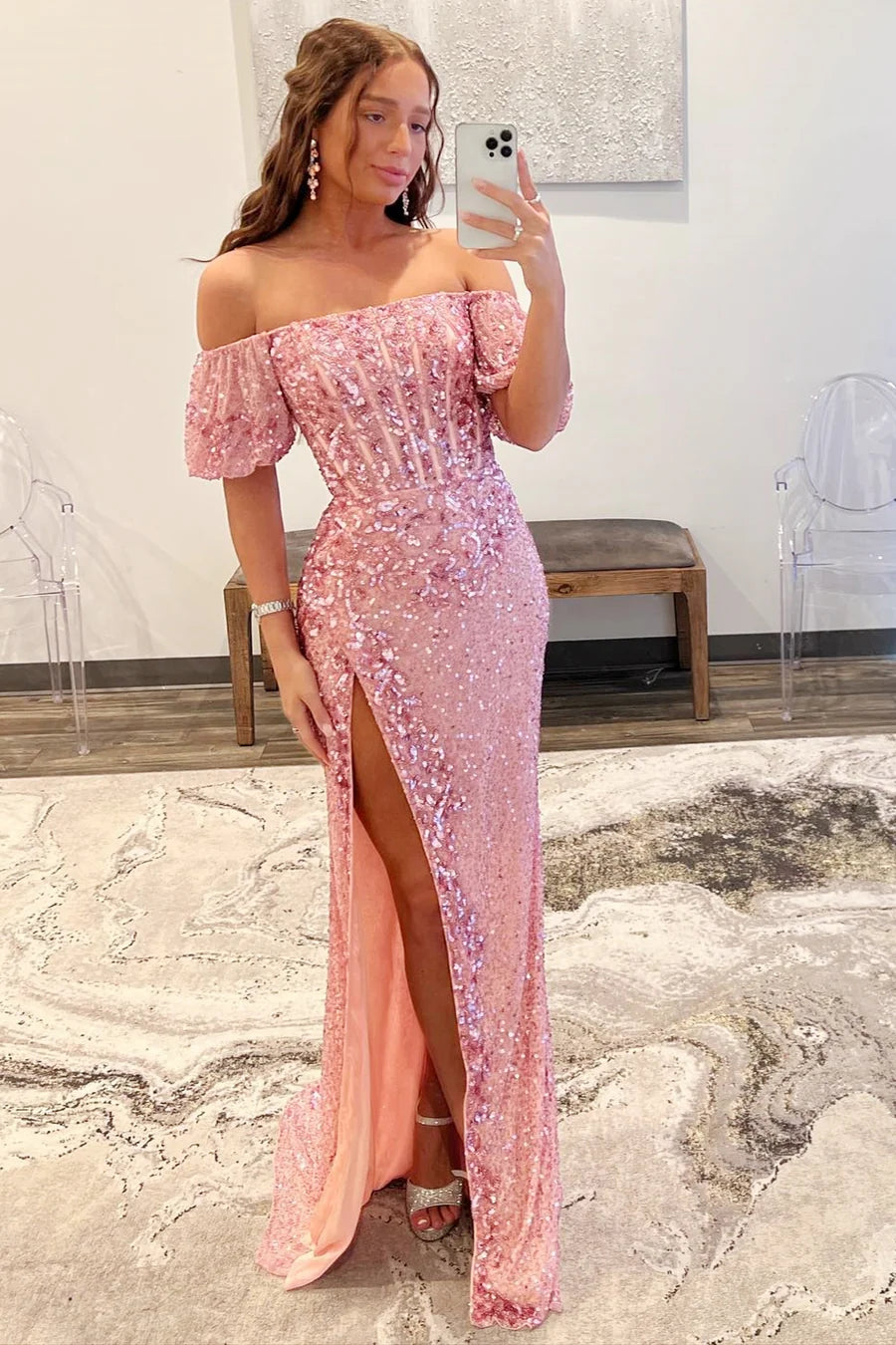 Sequin Off-the-Shoulder Long Formal Dress with Puff Sleeves and Slit