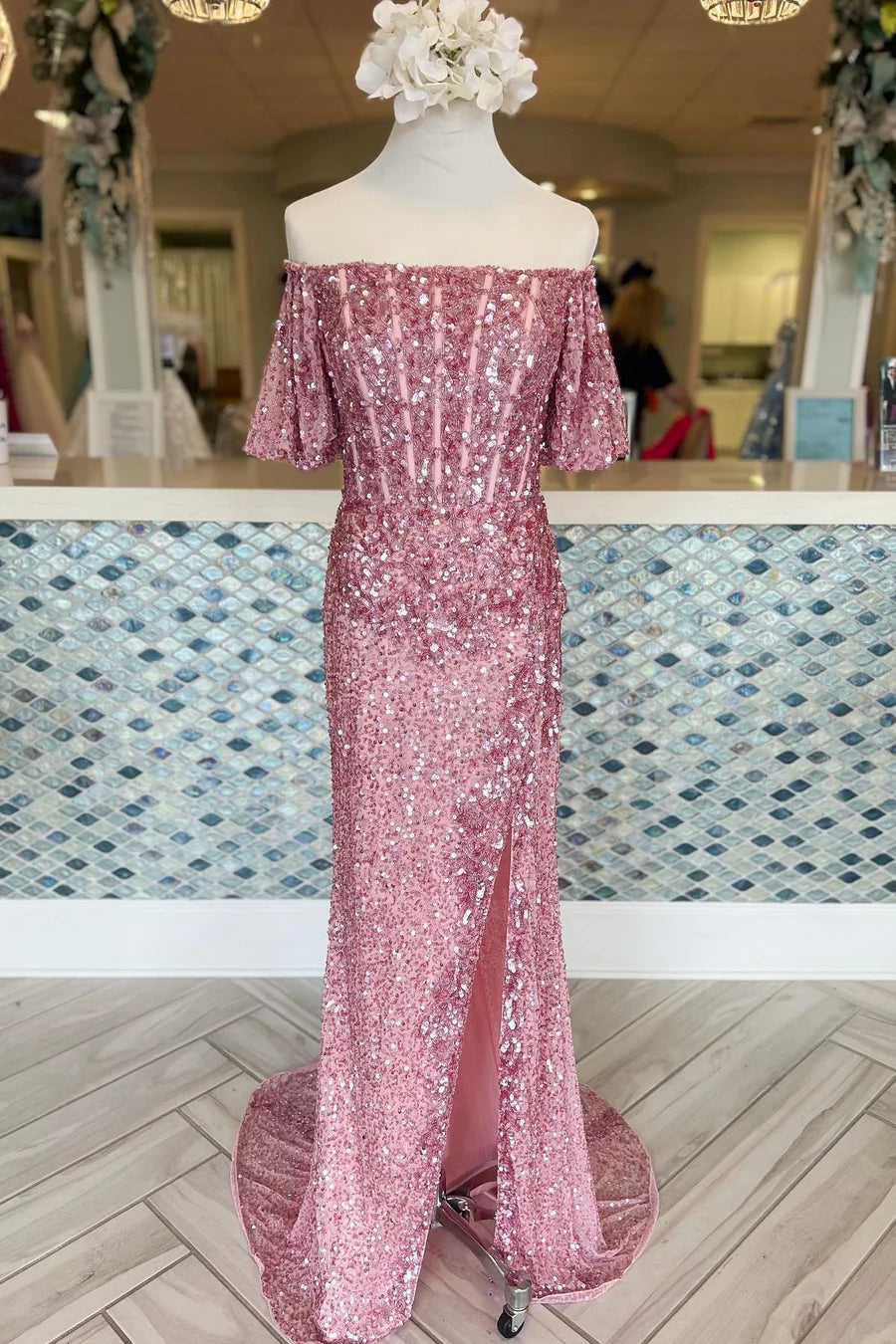 Sequin Off-the-Shoulder Long Formal Dress with Puff Sleeves and Slit