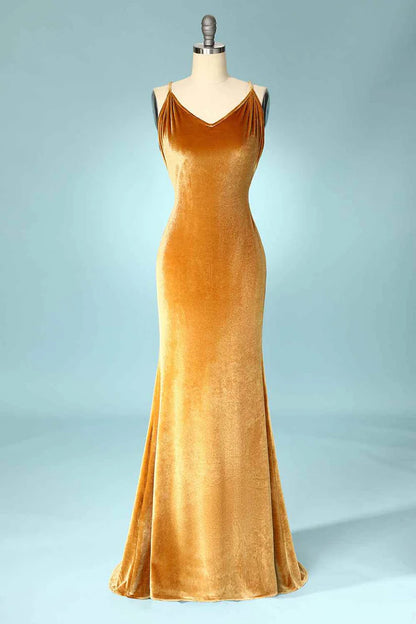 Gold Velvet V-Neck Cross-Back Slim-fit Mermaid Bridesmaid Dress