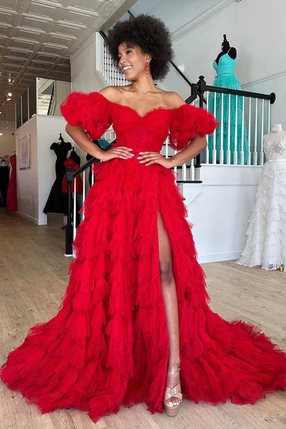 Ball Gown Off the Shoulder V-Neck Red Tulle Long Prom Dresses with Slit