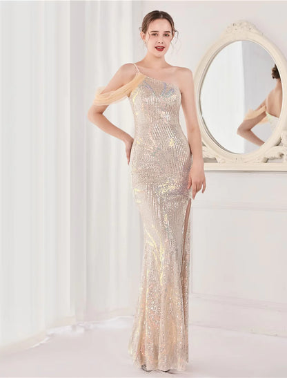 Mermaid / Trumpet Evening Gown Elegant Dress Wedding Guest Floor Length Sleeveless Spaghetti Strap Sequined V Back with Sequin Slit