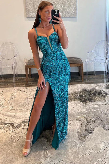 Sparkly Sheath V Neck Spaghetti Strap Sequins Lace-Up Back Long Prom Dresses with Slit