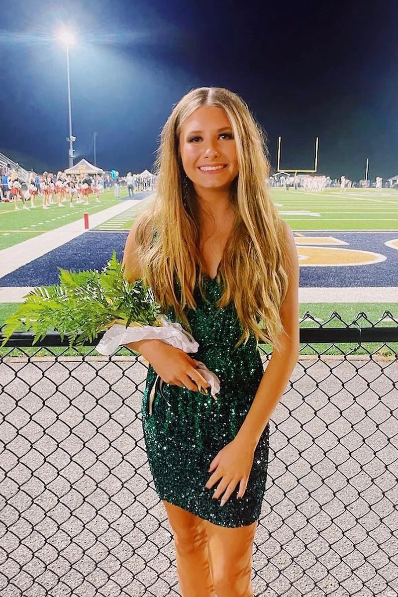 Cute Bodycon V Neck Dark Green Backless Short Slim-fit Homecoming Dresses
