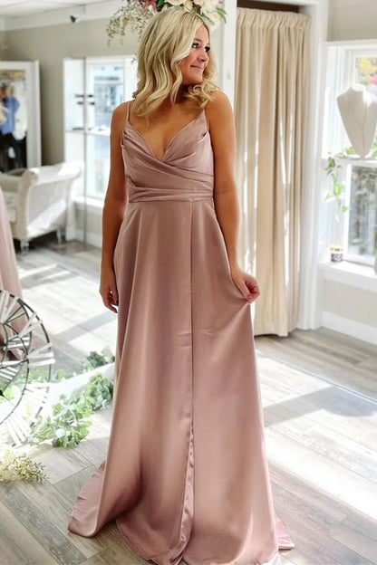 Satin Pleated V-Neck Backless Long PromDress