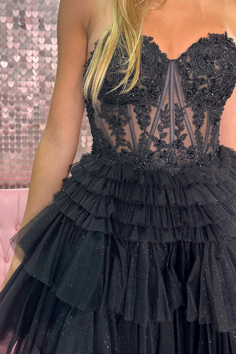 Cute A Line Off-the-Shoulder Sweetheart Tulle Black Short Homecoming Dresses with Appliques
