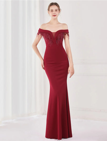 Mermaid / Trumpet Elegant Sexy Wedding Guest Formal Evening Dress Off Shoulder V Back Short Sleeve Floor Length Satin with Tassel