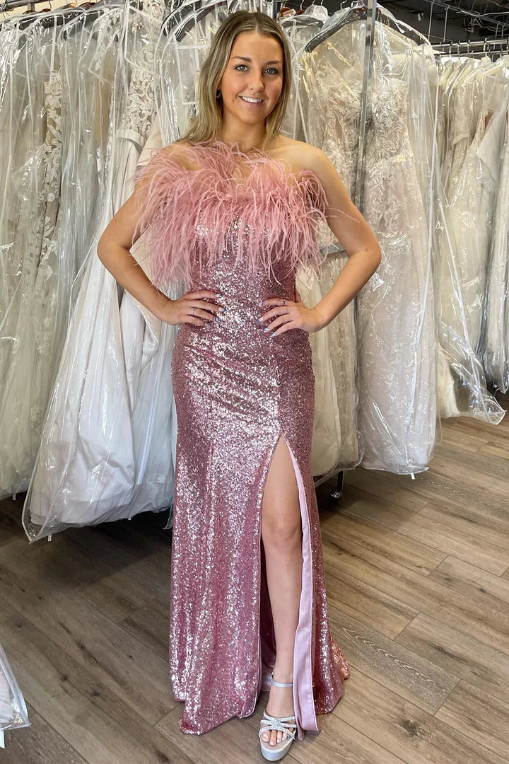 Sequin Feather Strapless Long Formal Gown with Slit