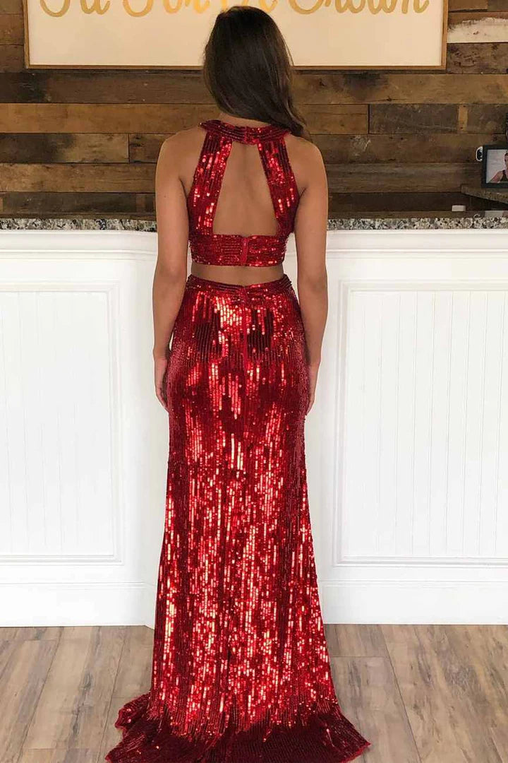 Two-Piece  Sequin Halter Mermaid Prom Dress with Side Slit