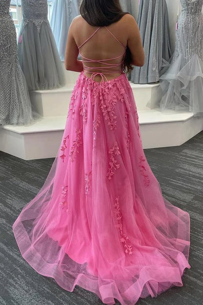 A-Line  Lace Long Formal Dress with Lace-Up Back