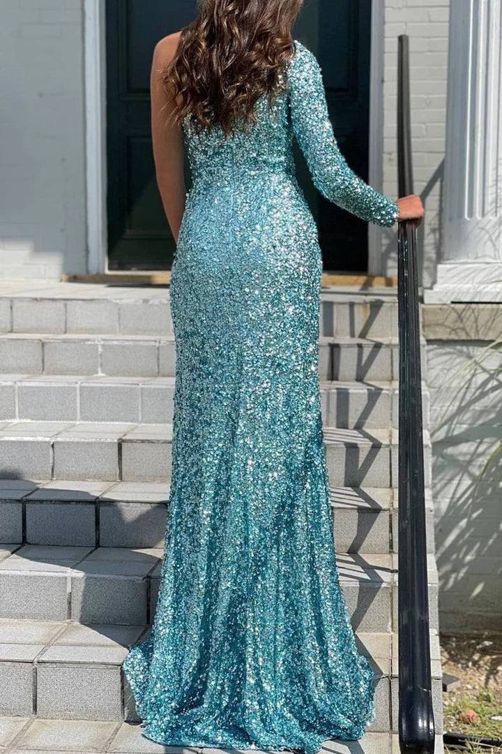 One-shoulder Long Sleeve Tiffany  Sequins Long Formal Dress