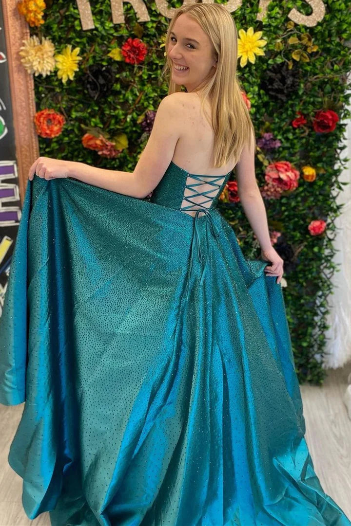 Hunter Green Strapless A-line Long Prom Dress