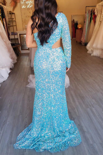 Charming Mermaid One Shoulder Sleeves Blue Sequins Prom Dresses
