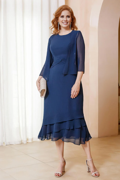Fall November December Wedding Guest Dress Mother of the Groom / Bride Dresses Ruffles Chiffon Tea-Length Dress with Jacket Two Piece Set Dress