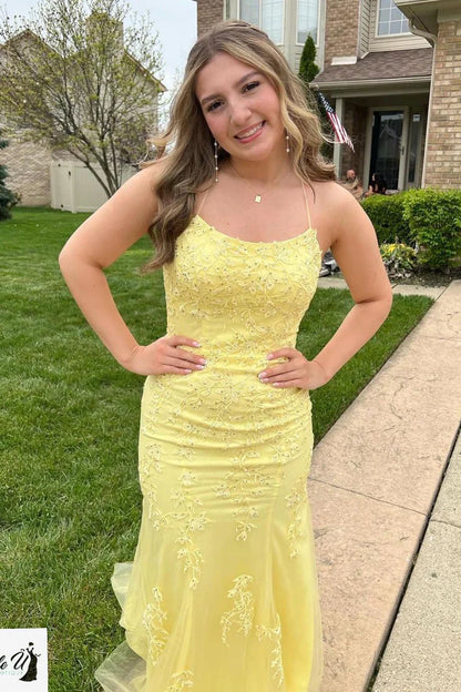 Cute Mermaid Scoop Neck Yellow Spaghetti Strap Tulle Long Prom Dresses with Appliques