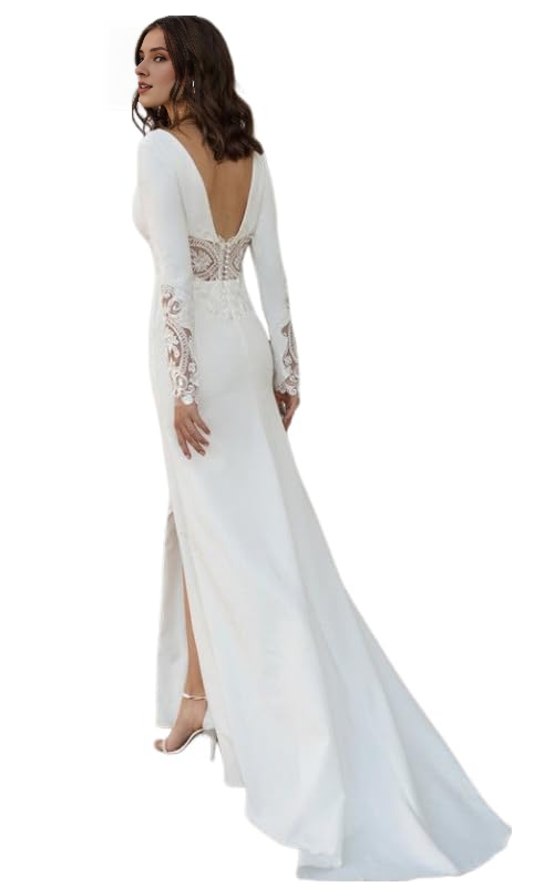 New Pattern Wedding Dress Long Sleeve Boat Neck Button Back Crepe Satin Wedding Gown Formal Women's Dresses