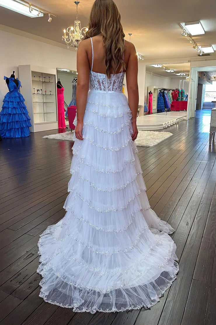 Charming A Line Sweetheart White Spaghetti Strap Tulle Long Prom Dresses with Beading