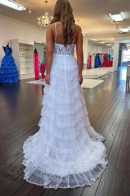 Charming A Line Sweetheart White Spaghetti Strap Tulle Long Prom Dresses with Beading