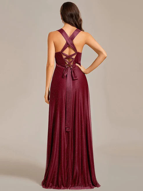 Glittery Pleated V-neck Adjustable Back Lace-Up Sleeveless Bridesmaid Dress/Prom Dresses Party Dresses