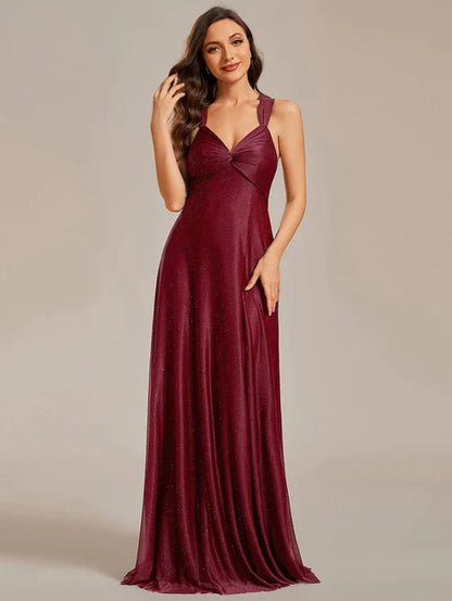 Glittery Pleated V-neck Adjustable Back Lace-Up Sleeveless Bridesmaid Dress/Prom Dresses Party Dresses