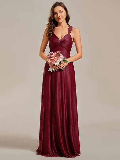 Glittery Pleated V-neck Adjustable Back Lace-Up Sleeveless Bridesmaid Dress/Prom Dresses Party Dresses