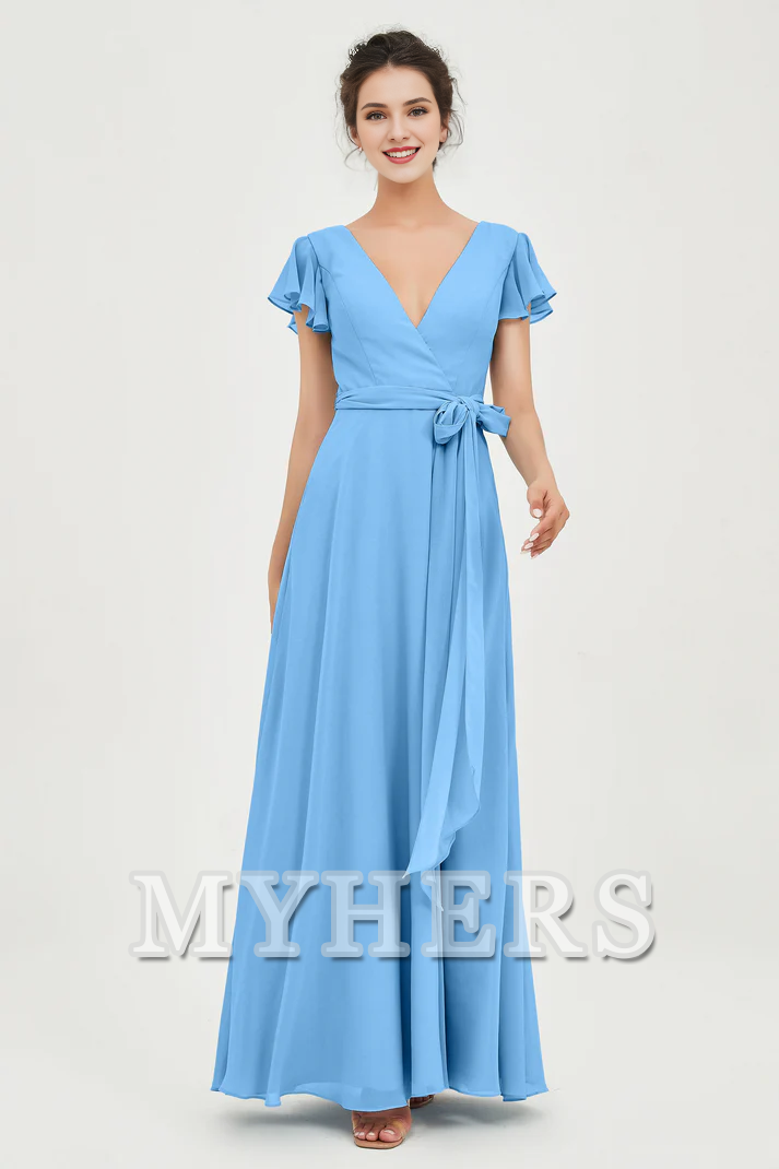 MY HERS Chiffon A-Line V-neck Flutter Sleeves Pleated Lace up Floor-Length Elegant Simple Bridesmaid Dresses Wedding Guests Dresses