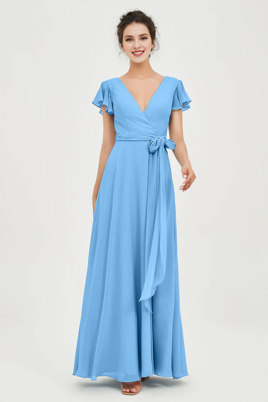 MY HERS Chiffon A-Line V-neck Flutter Sleeves Pleated Lace up Floor-Length Elegant Simple Bridesmaid Dresses Wedding Guests Dresses