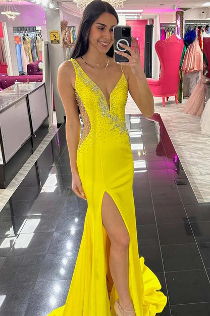 Beaded Plunge V Mermaid Long Formal Dress with Slit
