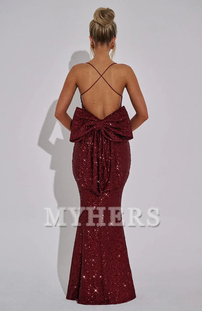 Mermaid Luxury High Quality Sequin Elasticated Spaghetti Straps Crossover Strap Back Detachable Bow Back Dresses Bridesmaid Dresses Wedding Guests Dresses