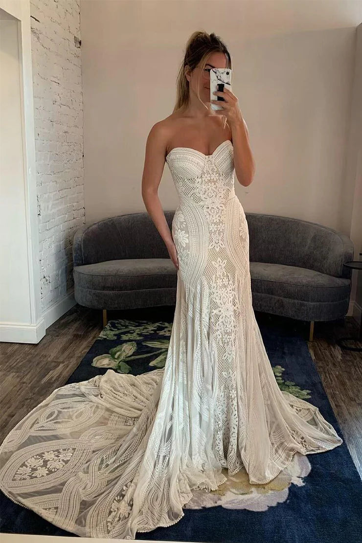 Elegant Mermaid Off-the-Shoulder Sweetheart Lace Mopping The Floor Wedding Dresses