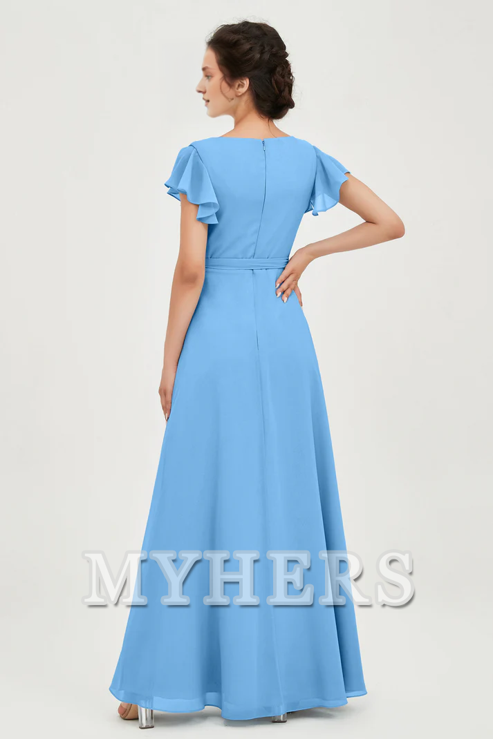MY HERS Chiffon A-Line V-neck Flutter Sleeves Pleated Lace up Floor-Length Elegant Simple Bridesmaid Dresses Wedding Guests Dresses
