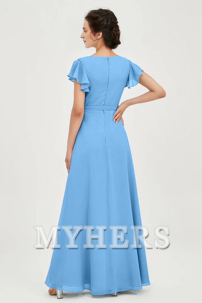 MY HERS Chiffon A-Line V-neck Flutter Sleeves Pleated Lace up Floor-Length Elegant Simple Bridesmaid Dresses Wedding Guests Dresses