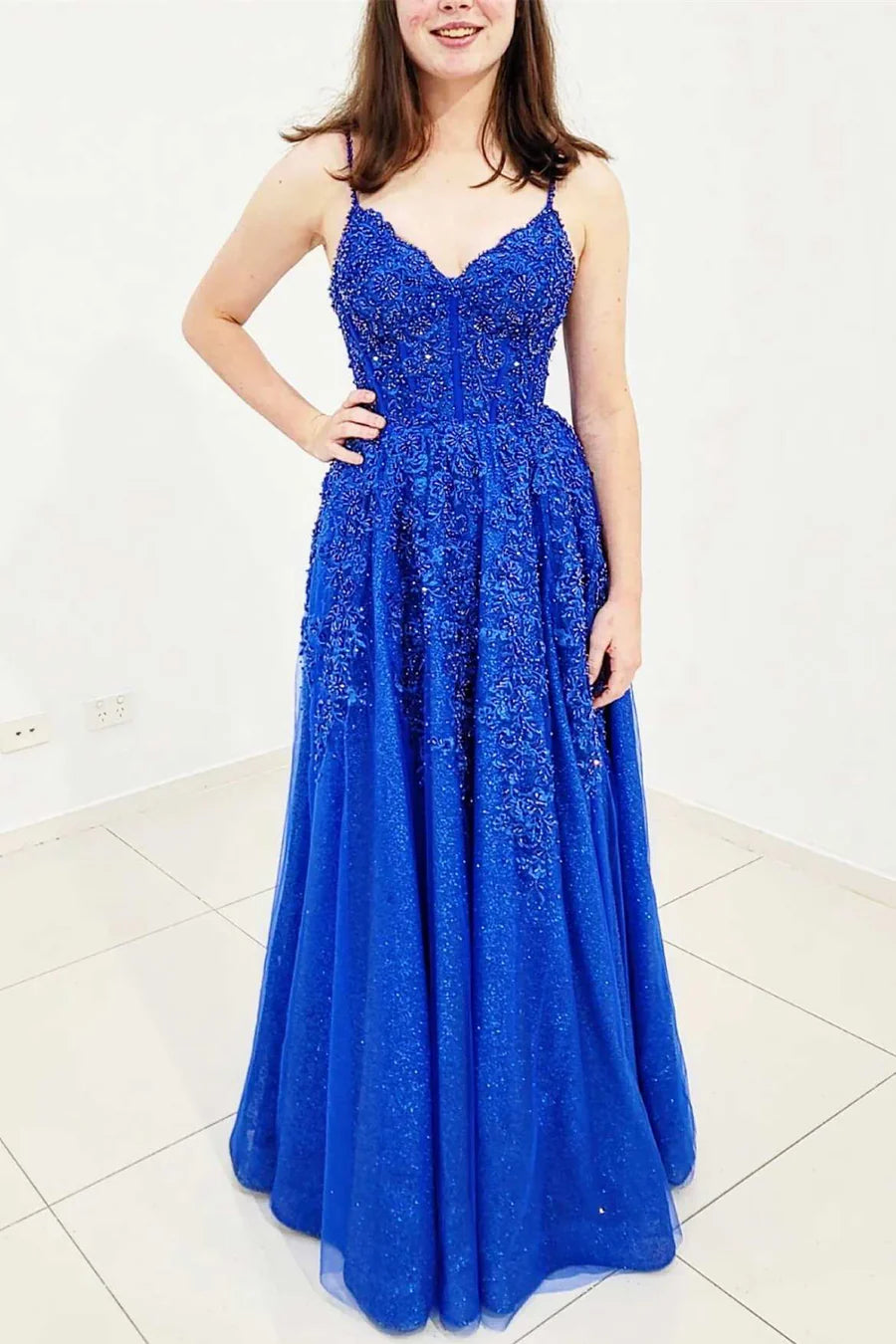 Stunning Blue Appliques V-Neck Lace-Up Back A-Line Prom Dress
