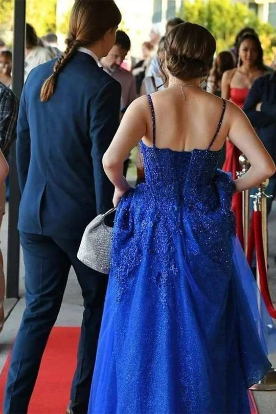 Stunning Blue Appliques V-Neck Lace-Up Back A-Line Prom Dress
