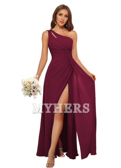 A Line One Shoulder Pleated Side Fork Long Chiffon High Quality Bridesmaid Dresses Wedding Guests Dresses