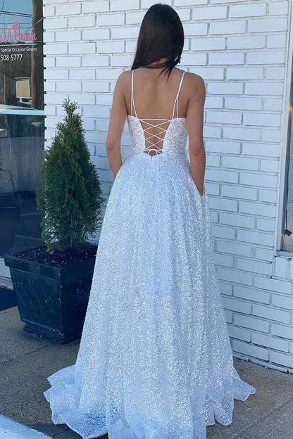Sequin Straps Lace-Up Back A-Line Prom Dress