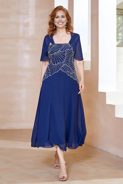 Fall November December Wedding Guest Dress Mother of the Groom / Bride Dresses A-Line Short Sleeves Chiffon Dress