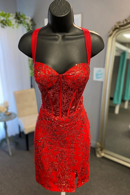 Sequin Lace Sweetheart Bodycon Short Dress