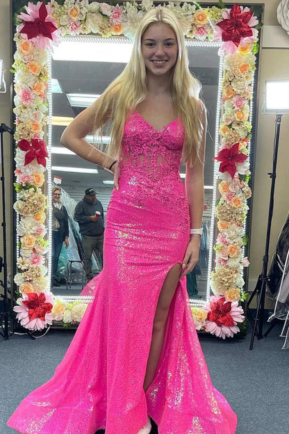 Sequin Corset Top Mermaid Long Prom Dress with Slit
