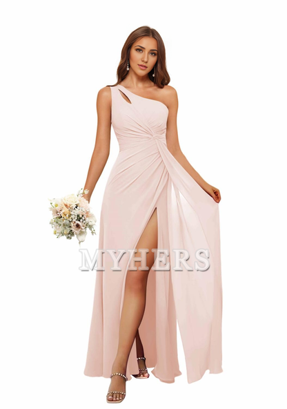 A Line One Shoulder Pleated Side Fork Long Chiffon High Quality Bridesmaid Dresses Wedding Guests Dresses