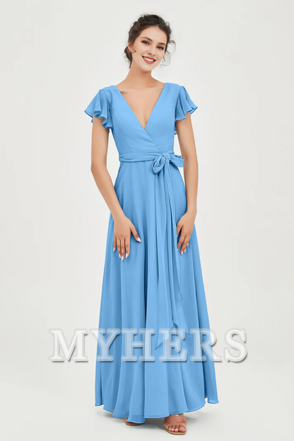 MY HERS Chiffon A-Line V-neck Flutter Sleeves Pleated Lace up Floor-Length Elegant Simple Bridesmaid Dresses Wedding Guests Dresses