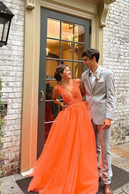 Romantic A-Line V Neck Orange Tulle Backless Long Prom Dresses with Appliques