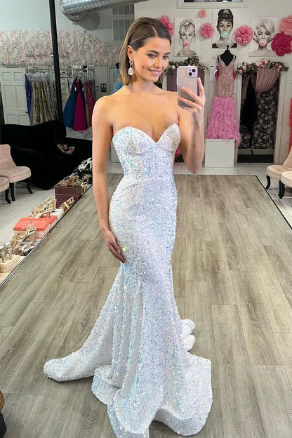 Sparkly Mermaid Sweetheart Off-the-Shoulder White Velvet Sequins Long Prom Dresses