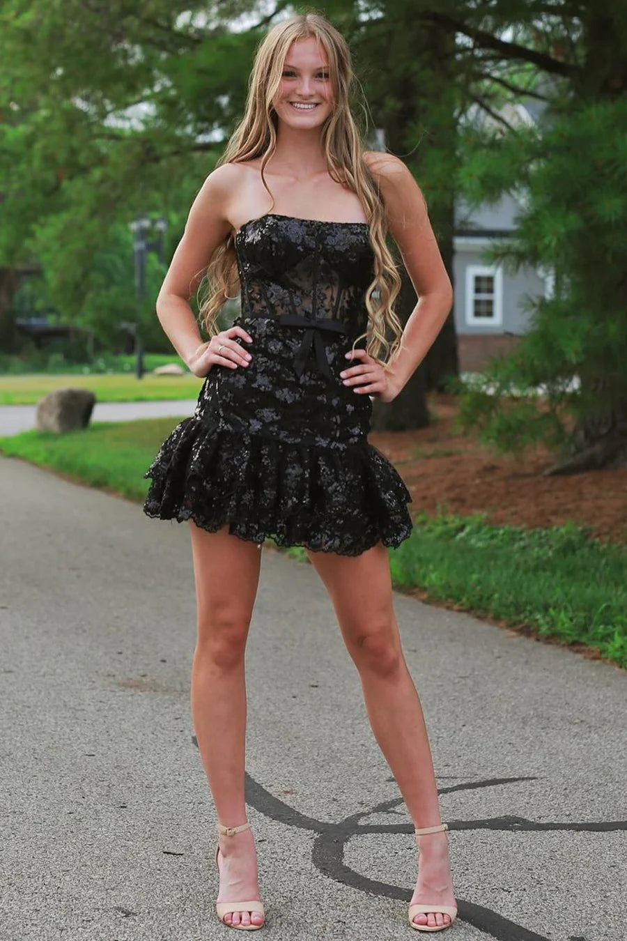 Sequin Lace Strapless Sheer Bodice Short Gown with Ruffles