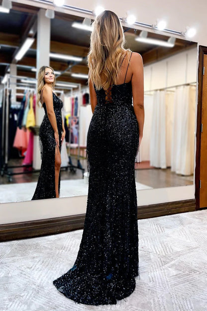 Sequin V-Neck Fringe Mermaid Long Formal Dress