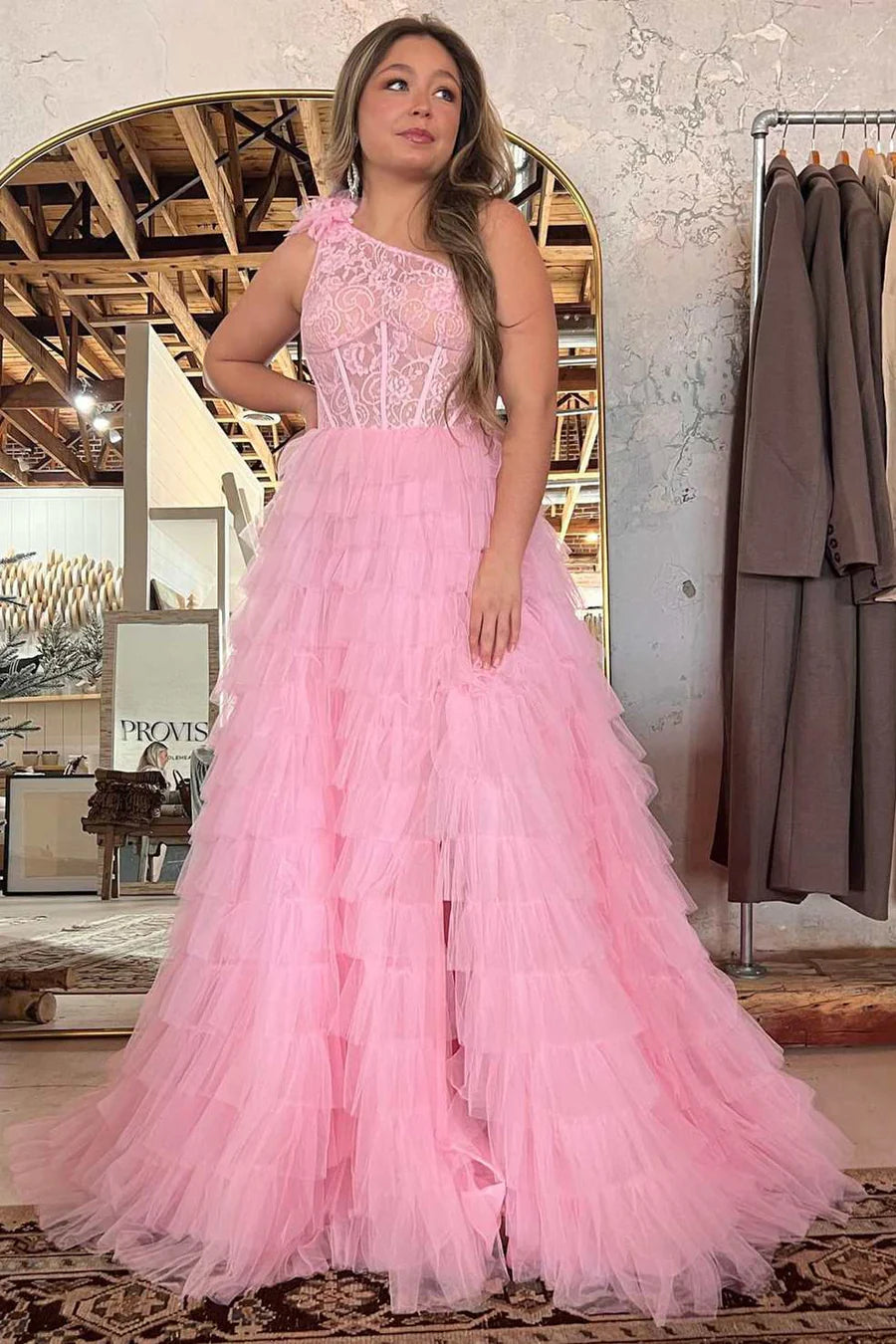 One-Shoulder  Lace A-Line Tiered Prom Dress with Ruffles