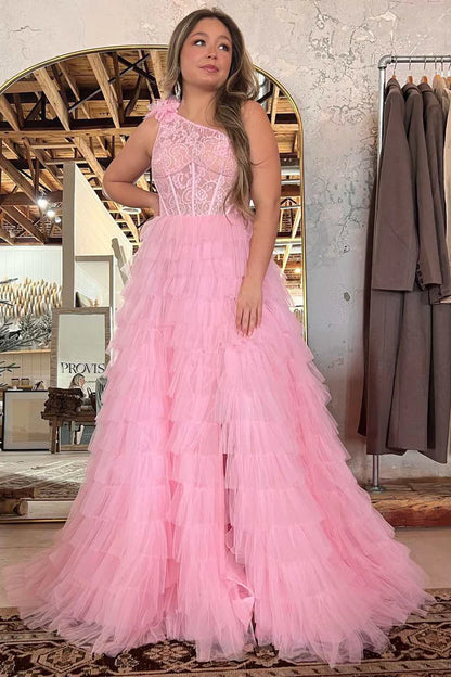 One-Shoulder  Lace A-Line Tiered Prom Dress with Ruffles